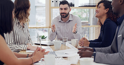 Buy stock photo Collaboration, explain and meeting with business people in boardroom of office for discussion. Conversation, project management and planning with employee team in workplace for strategic ideas