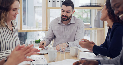 Buy stock photo Conversation, meeting and paperwork with business people in boardroom of office for discussion. Documents, project management and teamwork with employee team in workplace for strategic ideas