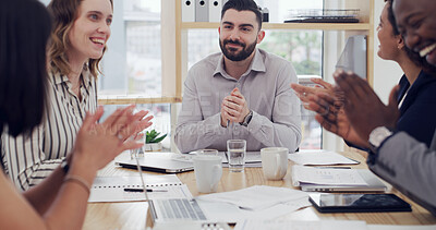 Buy stock photo Applause, collaboration and meeting with business people in boardroom of office for celebration. Project management, success and teamwork with employee group clapping in workplace for achievement