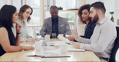 Buy stock photo Documents, meeting and teamwork with business people in boardroom of office for discussion. Collaboration, paperwork and project management with employee group in workplace for strategic ideas