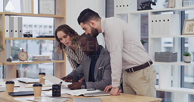 Buy stock photo Reading, documents and group in office, meeting or plan for funding proposal, teamwork or discussion. Colleagues, collaboration and people with paperwork for investment opportunity, talk and project