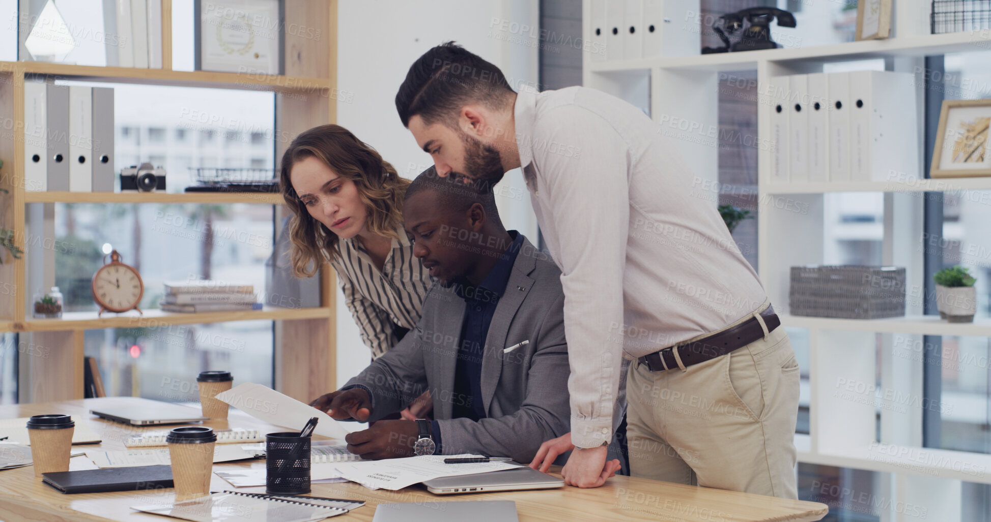 Buy stock photo Reading, documents and group in office, meeting or plan for funding proposal, teamwork or discussion. Colleagues, collaboration and people with paperwork for investment opportunity, talk and project