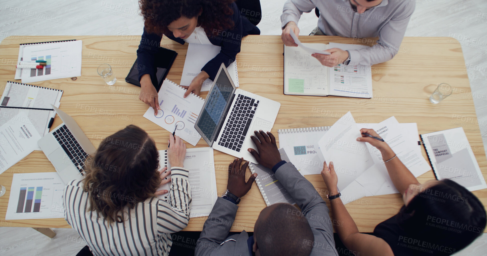 Buy stock photo Business graph, people and group with paperwork for campaign planning, KPI performance and above. Chart, teamwork and laptop in office for brainstorming data, analytics report or marketing management