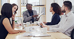 Talking, man and group with documents, boardroom and planning for funding proposal or collaboration. Colleagues, teamwork and people with paperwork for investment opportunity, bookkeeper and report