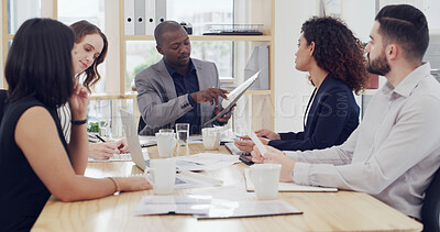 Buy stock photo Talking, man and group with documents, boardroom and planning for funding proposal or collaboration. Colleagues, teamwork and people with paperwork for investment opportunity, bookkeeper and report