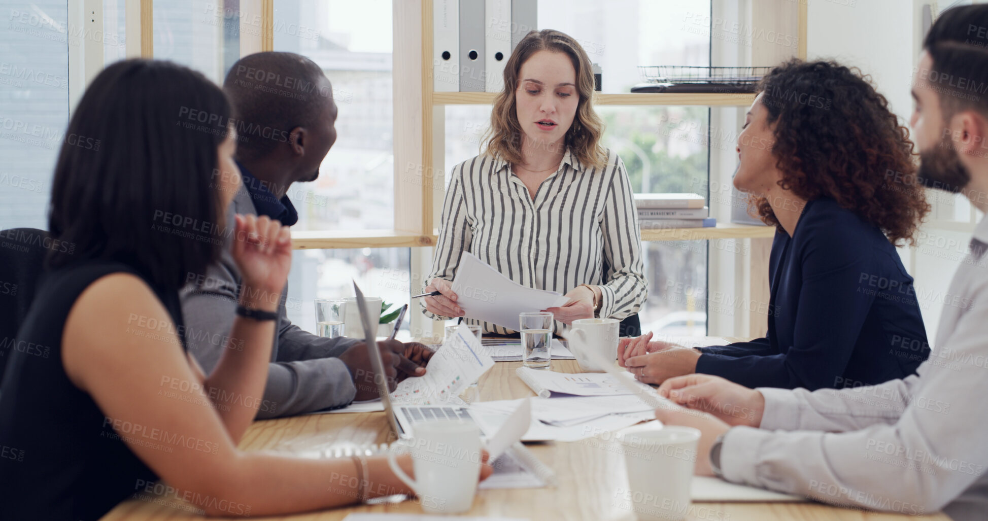 Buy stock photo Talking, woman and group with documents, boardroom or accountant with financial report for proposal. Colleagues, teamwork and people with paperwork for investment opportunity, bookkeeper and meeting