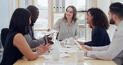 Buy stock photo Happy, group and team with documents, boardroom and review of funding approval, talking and meeting. Colleagues, collaboration and smile for investment, accountant and people with paperwork in office