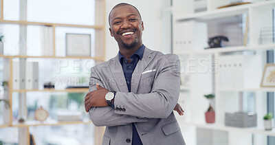 Buy stock photo Portrait, happy and black man with arms crossed, office or financial analyst with career development. Smile, accountant and person with ambition for business growth, confident and employee in Nigeria