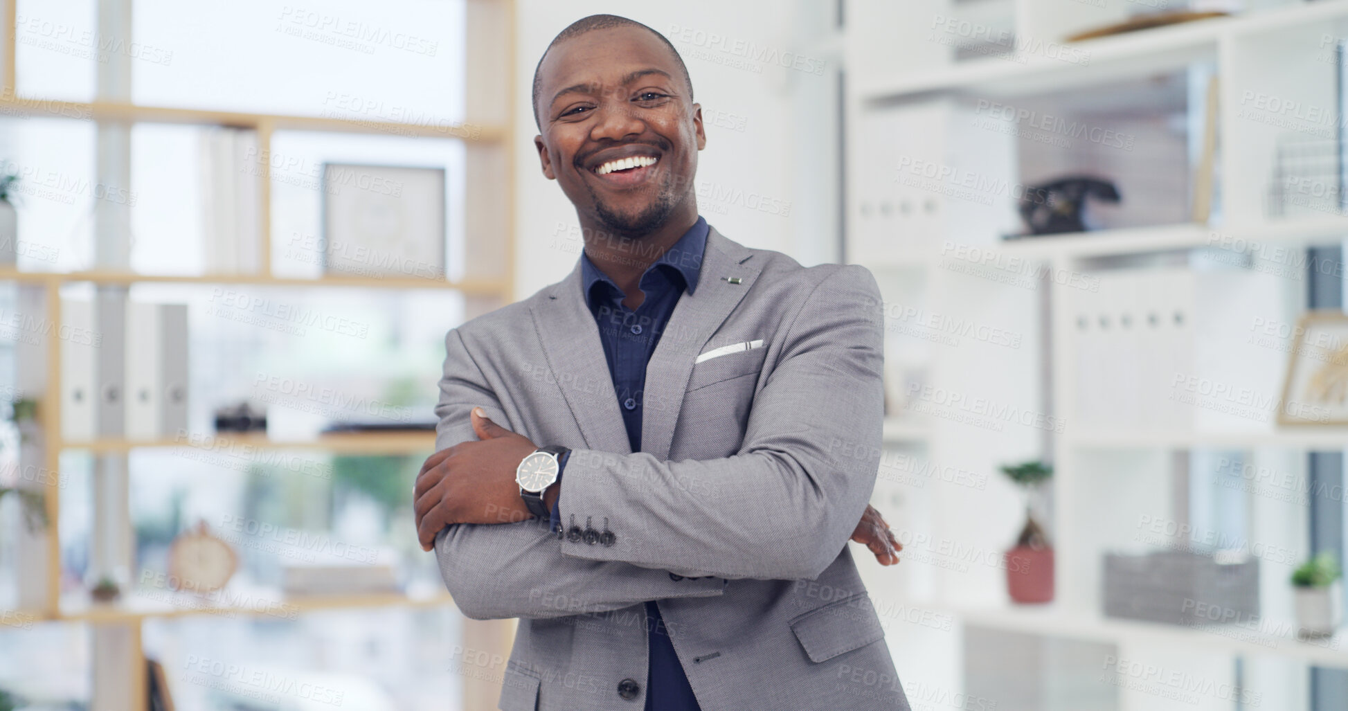 Buy stock photo Portrait, happy and black man with arms crossed, office or financial analyst with career development. Smile, accountant and person with ambition for business growth, confident and employee in Nigeria