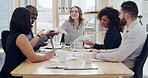 Handout document, business people or planning in meeting for financial insurance or strategy. Group, giving paperwork or discussion with happy manager for risk management or policy feedback in office