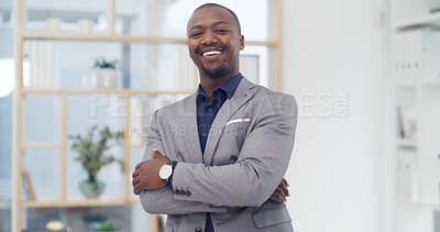 Buy stock photo Portrait, employee and black man with arms crossed, office and financial analyst with career growth. Happy, accountant and person with ambition for business development, confident or smile in Nigeria