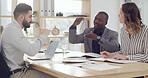 Team, discussion and growth with business people in meeting for sales report, revenue and research. Partnership, finance planning and review with employees in office for brainstorming and proposal