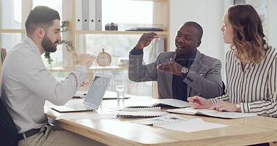 Buy stock photo Team, discussion and growth with business people in meeting for sales report, revenue and research. Partnership, finance planning and review with employees in office for brainstorming and proposal