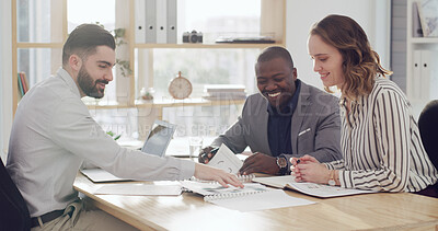 Buy stock photo Meeting, paperwork and business people in office with planning for finance budget proposal. Laptop, documents and team of financial advisors with investment report in collaboration at workplace.