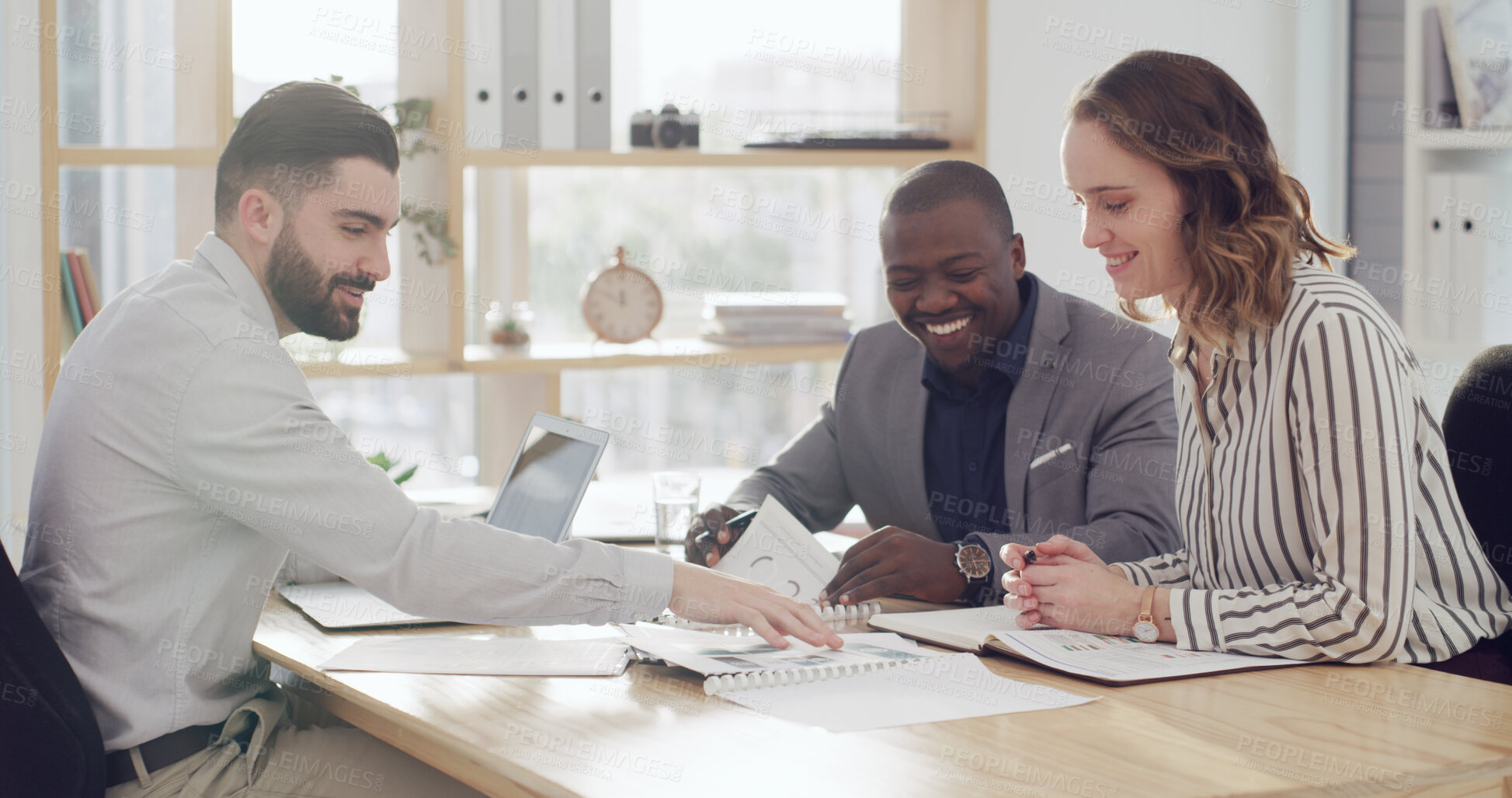Buy stock photo Meeting, paperwork and business people in office with planning for finance budget proposal. Laptop, documents and team of financial advisors with investment report in collaboration at workplace.