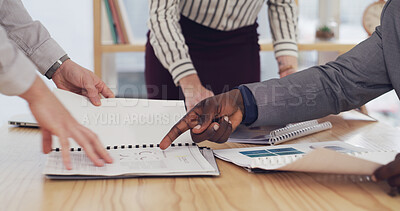 Buy stock photo Hands, team and documents at meeting with finance, review and point with collaboration at company. Business people, group and paperwork with negotiation, proposal or graphs with feedback at agency