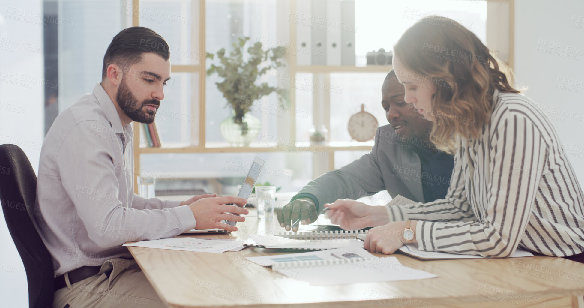 Buy stock photo Office, people and discussion with documents, meeting and plan for investment opportunity with info. Teamwork, colleagues and group with ideas for proposal, conversation and strategy with paperwork