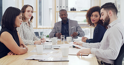 Buy stock photo Paperwork, business people and team meeting in office for financial insurance, strategy or graphs. Group, document or planning with manager for risk management, policy analysis and conversation