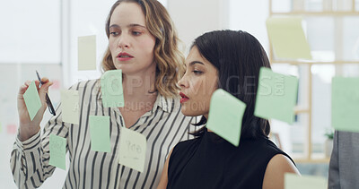 Buy stock photo Sticky notes, discussion and business people in office for planning with creative project together. Meeting, research and team of editors with glass wall for brainstorming for publishing in workplace
