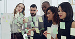 Sticky notes, writing and business people in office with planning for company budget report. Brainstorming, glass wall and financial managers with research for investment proposal in workplace.
