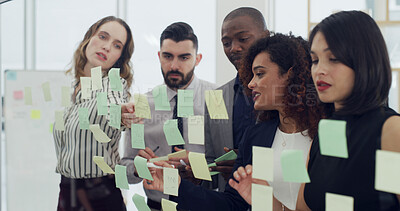 Buy stock photo Sticky notes, writing and business people in office with planning for company budget report. Brainstorming, glass wall and financial managers with research for investment proposal in workplace.