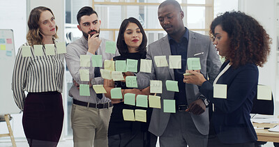 Buy stock photo Sticky notes, brainstorming and business people in office with planning for company budget report. Thinking, glass wall and financial managers with research for investment proposal in workplace.