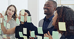 Sticky notes, research and business people writing in office with planning for company budget report. Thinking, glass wall and financial managers with research for investment proposal in workplace.