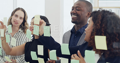 Buy stock photo Sticky notes, research and business people writing in office with planning for company budget report. Thinking, glass wall and financial managers with meeting for investment proposal in workplace.