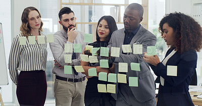 Buy stock photo Sticky notes, thinking and business people in office with planning for company budget report. Brainstorming, glass wall and financial managers with research for investment proposal in workplace.