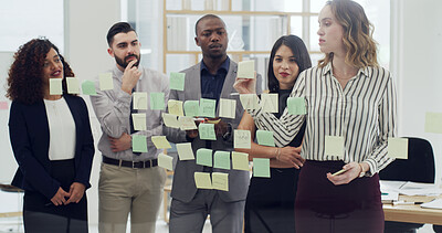 Buy stock photo Sticky notes, thinking and business people writing in office with planning for company budget report. Brainstorming, glass wall and finance managers with research for investment proposal in workplace
