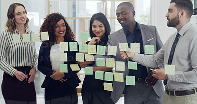 Buy stock photo Sticky notes, meeting and business people in office for planning with creative project together. Discussion, research and team of editors with glass wall for brainstorming for publishing in workplace