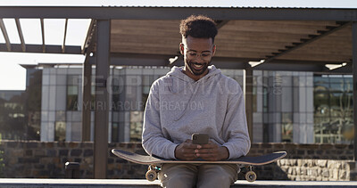 Buy stock photo City, skateboarder and man with smartphone, online or communication with contact, texting or website. Outdoor, skater and person with tech for chat, break and networking on social media and mobile