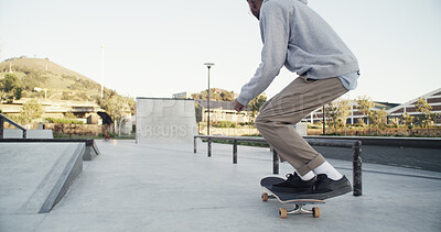 Buy stock photo Man, skateboard and ramp in city, fitness and competition with freestyle practice, sports and exercise. Person, skater and talent with stunt, outdoor and workout with training and performing action