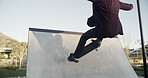 Man, skateboard and ramp in city, practice and fitness with freestyle, balance and exercise. Person, skater and challenge with stunt, outdoor and workout with competition, training and recreation