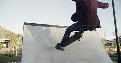 Buy stock photo Man, skateboard and ramp in city, practice and fitness with freestyle, balance and exercise. Person, skater and challenge with stunt, outdoor and workout with competition, training and recreation