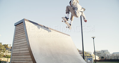 Buy stock photo Man, skateboard and ramp in city, training and fitness with freestyle practice, sports and exercise. Person, skater and talent with stunt, outdoor and workout with competition and performing action