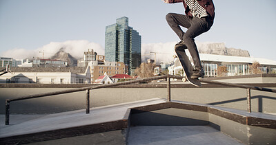 Buy stock photo Skateboard, legs and balance on rail in city for grind stunt, performance challenge and adventure. Skater, person and talent outdoor with skating workout, hobby and practice action trick at skatepark