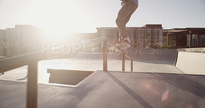 Buy stock photo Man, skateboard and stunt with railing, outdoor and fitness with trick, training and extreme sports. Skater, challenge or person with practice, exercise or urban town with hobby, recreation or Canada