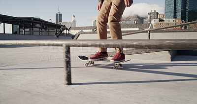 Buy stock photo Man, skateboard and training in city, railing and fitness with trick, hobby and competition. Skater, outdoor and person with practice, extreme sports and stunt with challenge, recreation and Canada
