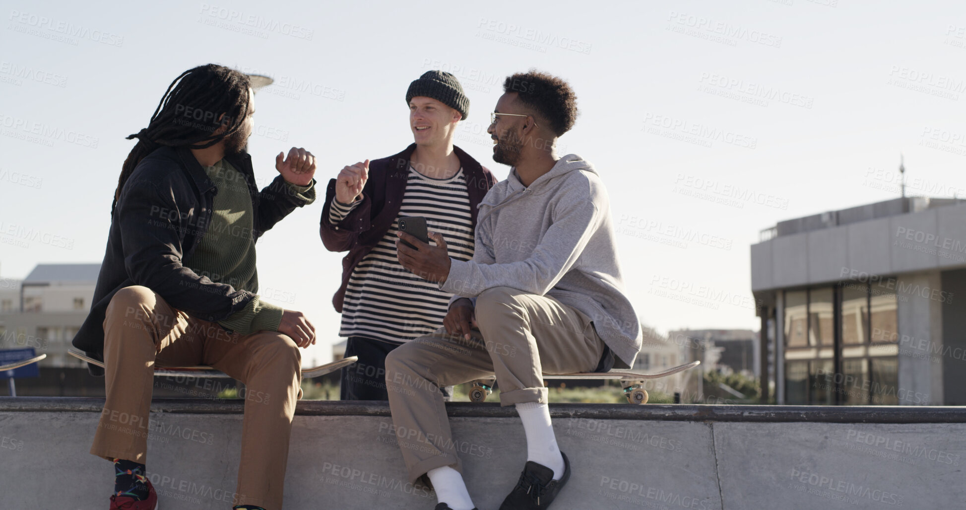 Buy stock photo Happy men, skateboard or phone with friends for social media, network or connection in city. Male people, group or community with mobile smartphone for spot or bonding together in an urban skate park