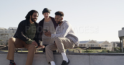 Buy stock photo Phone, streaming and smile with friends at skate park for social media, learning tricks and search. Stunt tutorial, online skater channel and communication with people in city for hobby and space