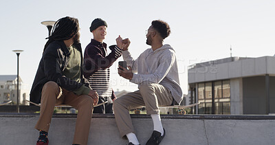 Buy stock photo Skater friends, hello and men in park for greeting, bonding and handshake for conversation. Outdoor, fist bump and people with skateboard for sports, skating hobby and training together in city