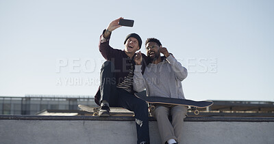 Buy stock photo Men, skateboard and friends with selfie on ramp, smile or hug with sky, memory and web post at park. People, embrace and happy skater with photography, low angle and extreme sports on social network