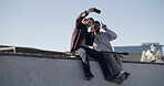 Men, friends and selfie on ramp at skate park, smile or hug with sky, memory and web post in town. People, embrace and happy skater with photography, low angle and extreme sports on social network