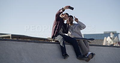 Buy stock photo Men, friends and selfie on ramp at skate park, smile or hug with sky, memory and web post in town. People, embrace and happy skater with photography, low angle and extreme sports on social network
