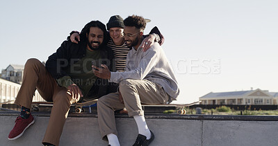 Buy stock photo Phone, streaming and relax with friends at skate park for social media, learning tricks and search. Stunt tutorial, online skater channel and communication with people in city for hobby and space