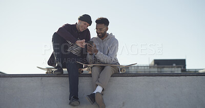 Buy stock photo Phone, streaming and skateboard with friends at skate park for social media, learning tricks and search. Stunt tutorial, online skater channel and communication with people in city for hobby space