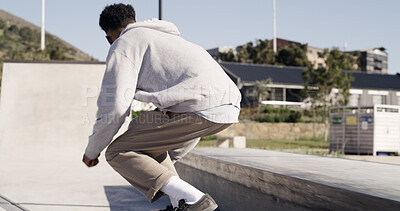 Buy stock photo Man, skateboard and ramp in city, back and fitness with freestyle practice, sports and training. Person, skater and talent with stunt, outdoor and challenge with competition, balance and Canada