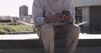 Buy stock photo City, skateboarder and hands with smartphone, texting and communication with contact, online or web. Outdoor, skater and person with tech for chat, break and networking on social media and mobile