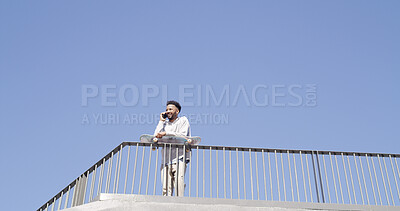 Buy stock photo Man, skateboard and talking with phone call at park for lesson schedule, training plan or feedback. Mockup space, blue sky and happy skater at skatepark for conversation, practice update or low angle